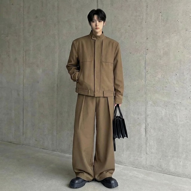 スタンドカラーレザージャケット＆ワイドレッグパンツセットアップ 2カラー D11936