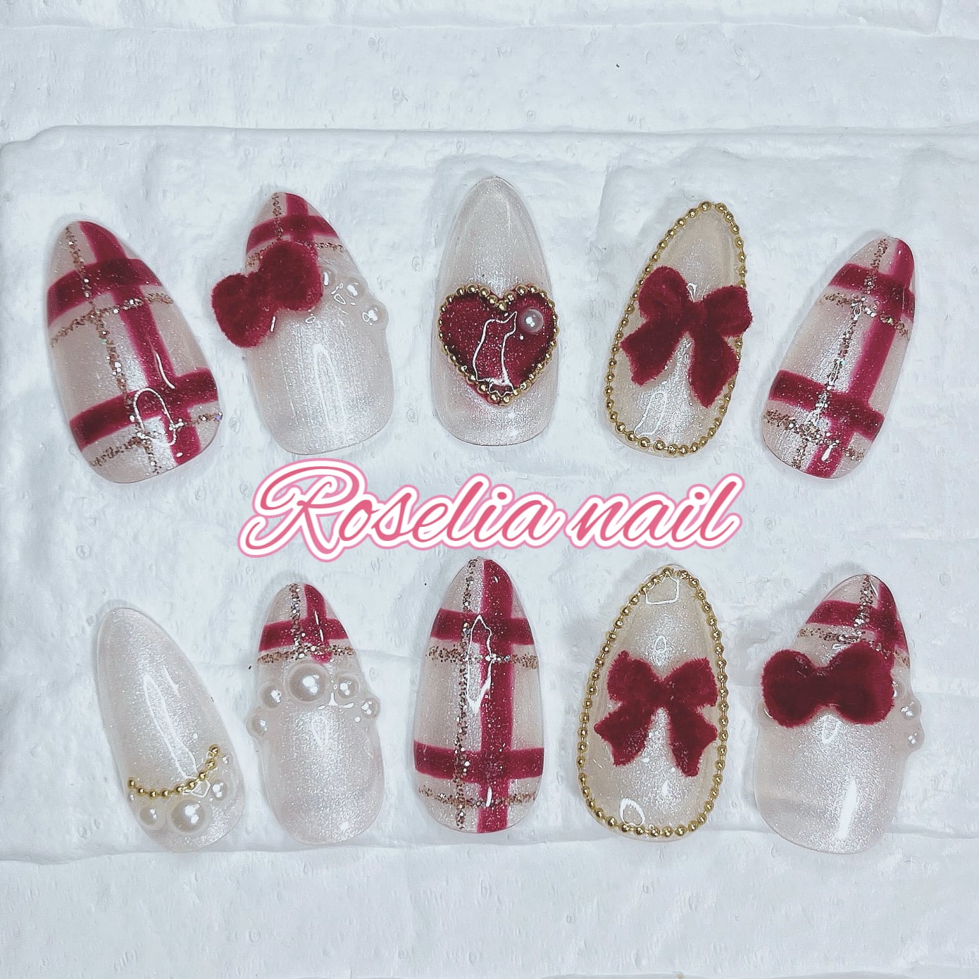 もふもふ・冬・赤・チェック柄・マグネット・リボン・ガーリー・可愛い系・デート・ネイルチップ#ncs026