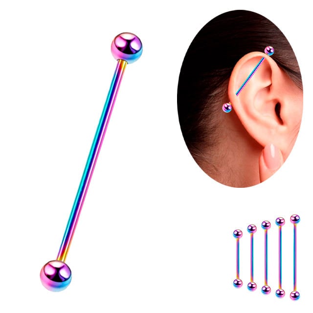 インダストリアル ピアス 14g レインボー ロングバーベル 軟骨ピアス