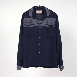 50’s Exclusive Sports Apparel Hand Stitch Open Collar Rayon Shirt M Navy ハンドステッチ ボーダー柄 オープンカラー レーヨンシャツ