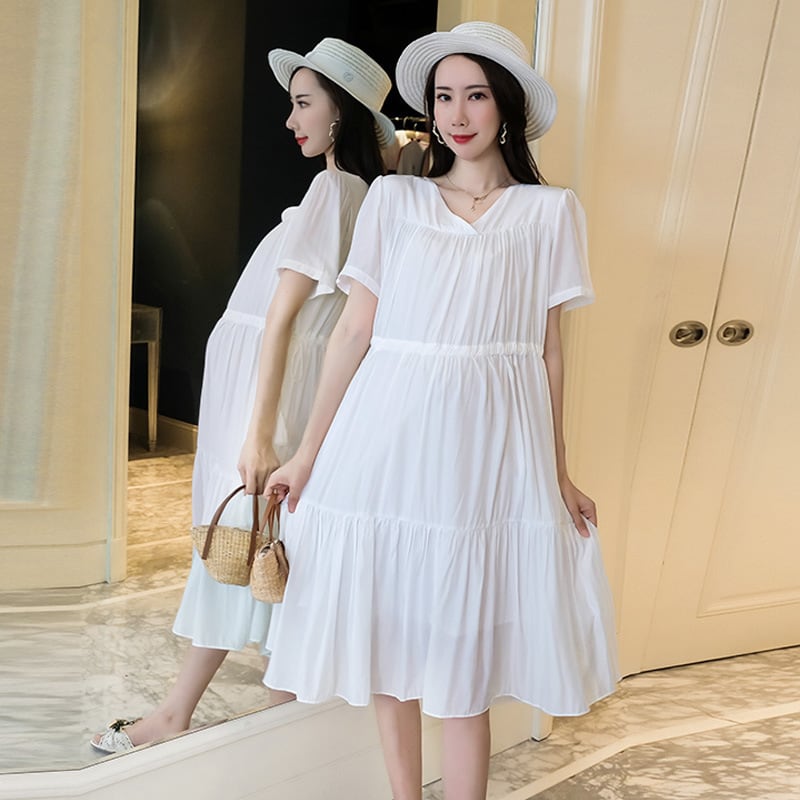 【新作】【送料無料】 マタニティウェア2020夏の新しいファッションVネックシフォンルーズドレスミドル丈ファッションマタニティドレス-アリババ サマー 夏物 expec283943932469