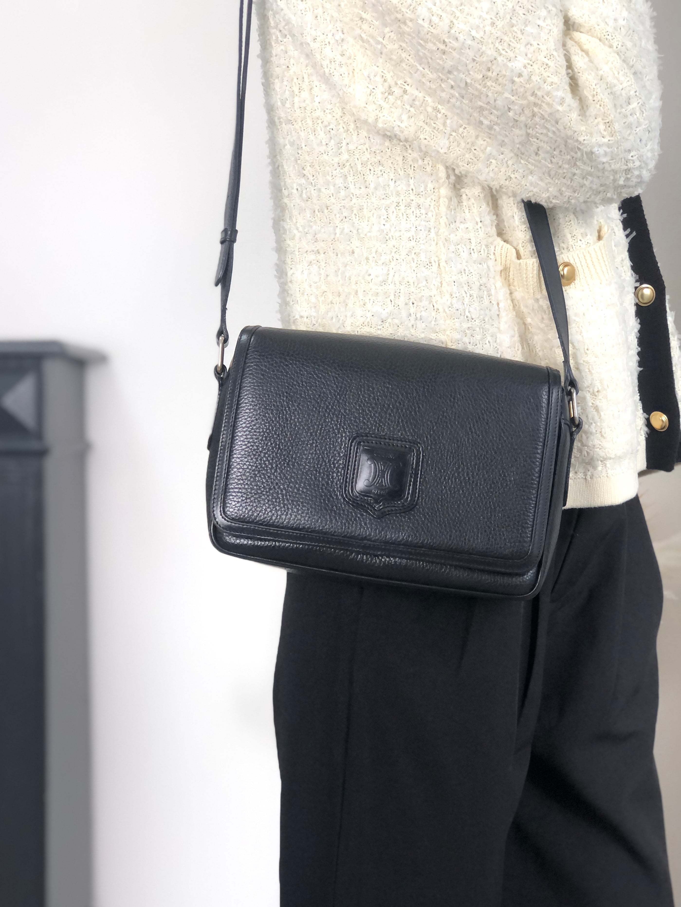 CELINE セリーヌ ショルダーバッグ ブラック ブラゾン型押し レザー vintage ヴィンテージ オールド ted3ve