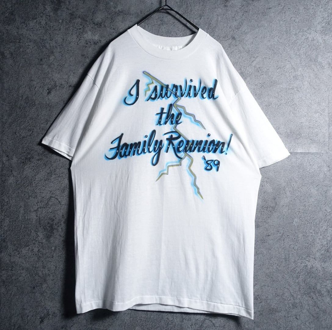 90s“Hanes” White Thunder & Message Spray Print T-Shirt