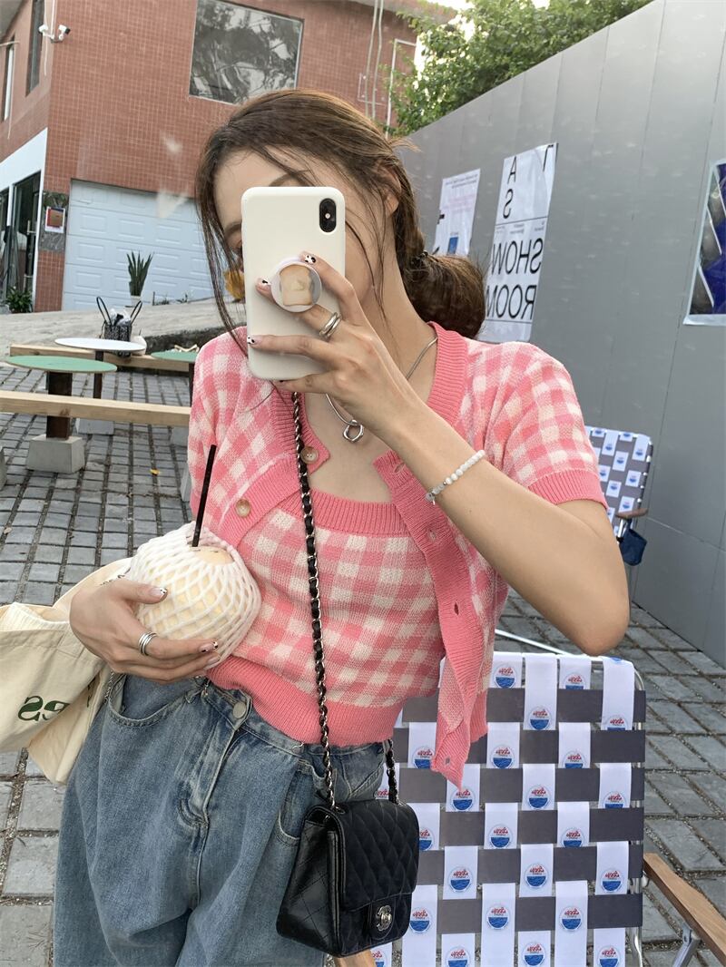 カジュアル格子柄サマーニットカーディガン 大人ガーリー スウィート キュート 夏物 モンロー29559757481