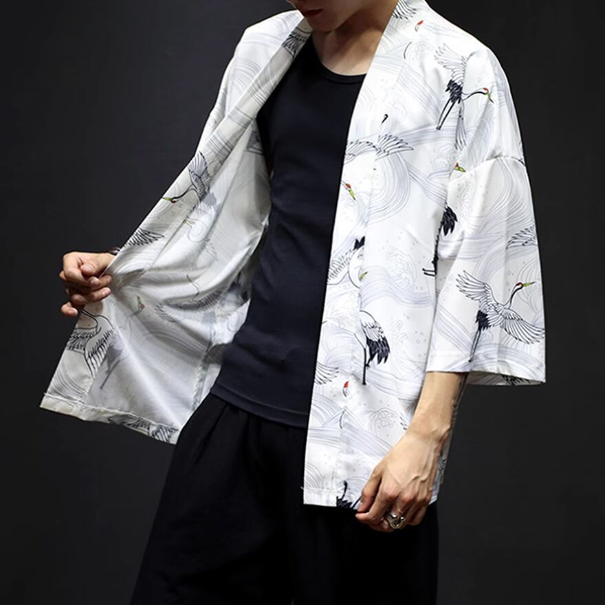 サブカル 服 地雷系 通販 メンズファッション シャツ 鶴柄 エスニック レトロスタイル ストリート系