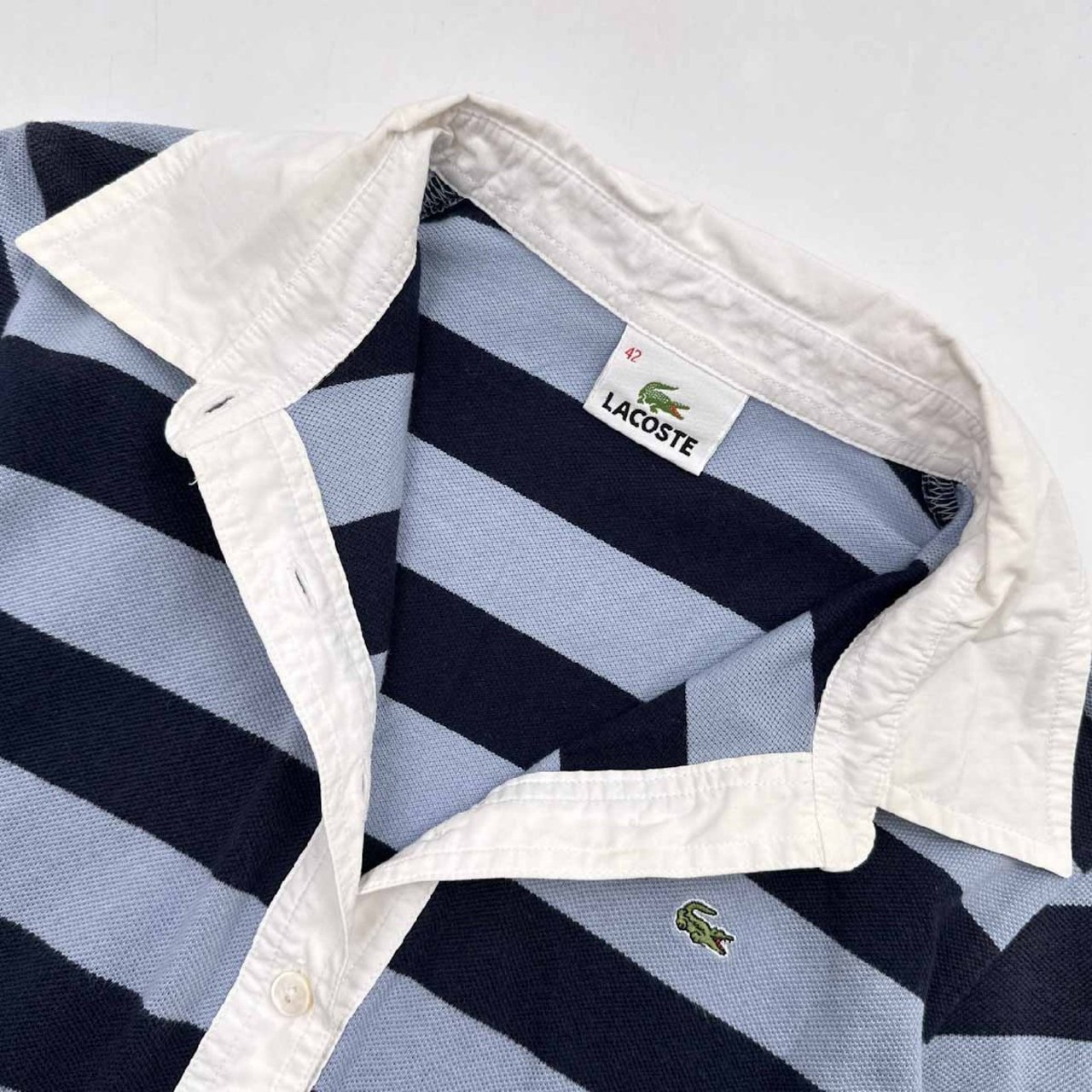 LACOSTE ラコステ ワニ刺繍 ボーダー 鹿の子 長袖 ポロシャツ ラガーシャツ 42サイズ/レディース/ビンテージ/ファブリカ/90s 00s/日本製