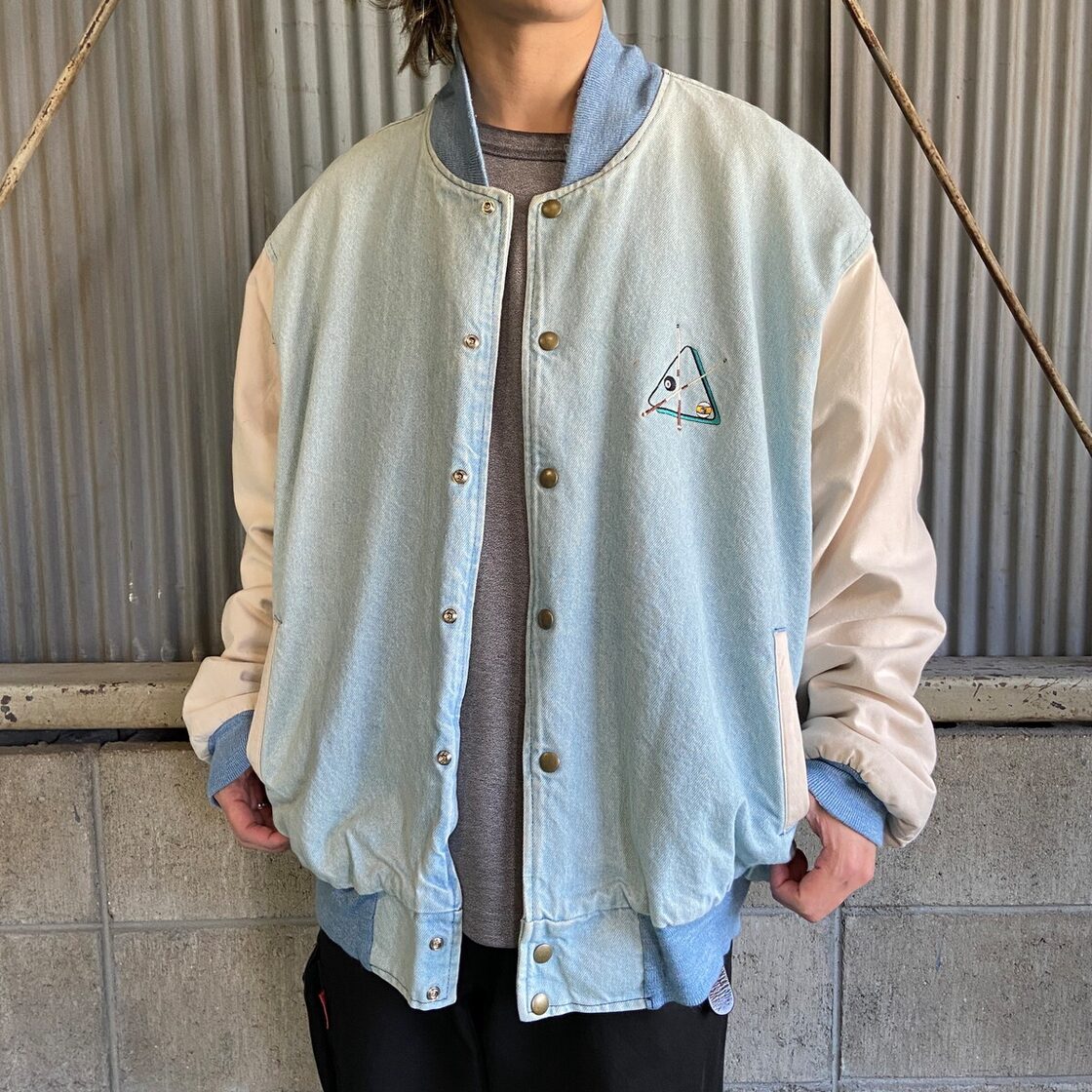 90s USA製 ビリヤード 刺繍 デニムスタジャン メンズXL 古着 フリース 