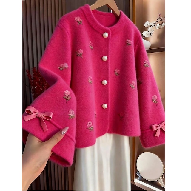 pink floral embroidered pearl button jacket<o3239>
