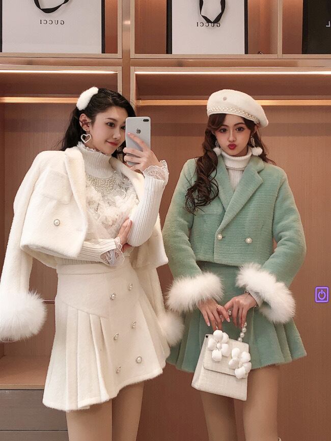 セットアップ】ファー 水色 ピンク 白 セットアップ ピンク 白