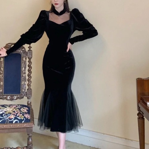 エレガントベルベットメッシュドレス