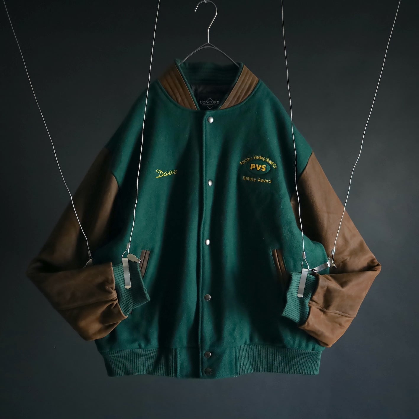 over silhouette green melton wool × brown leather switching design stadium  jumper