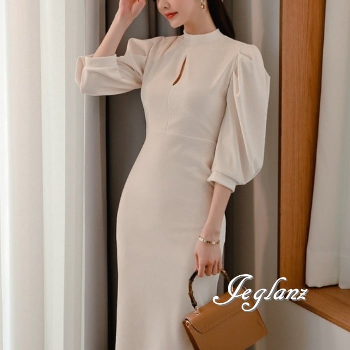 ワンピース ドレス モックネック ボリューム袖 きれいめ タイト 7分袖 (M6545)γ