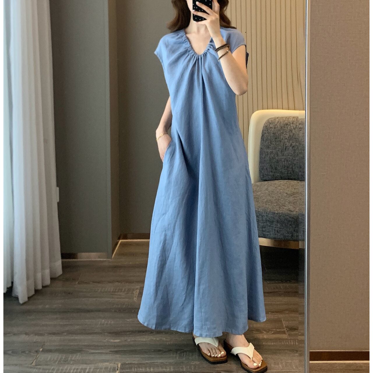 バックリボンフレンチスリーブロングワンピース(4color) 3640