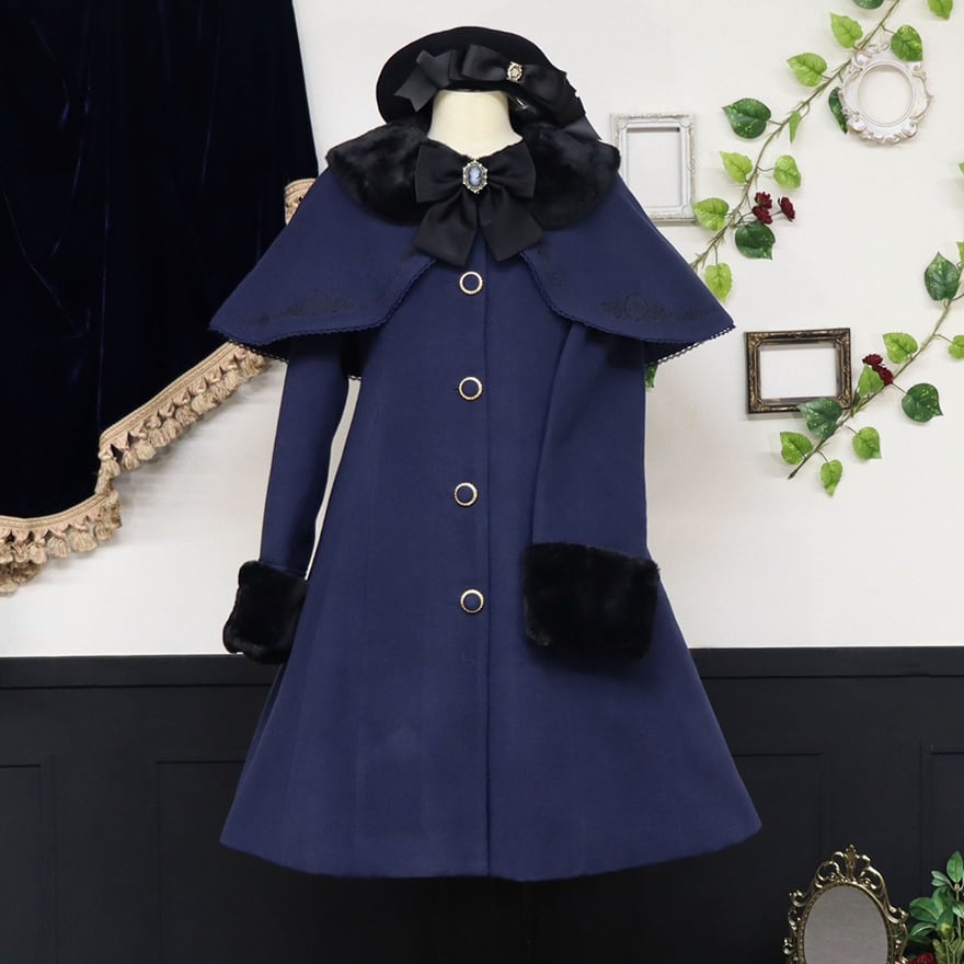 ロリィタ クラロリ ケープ付 ロングコート 刺繍 ファー 襟 刺繍