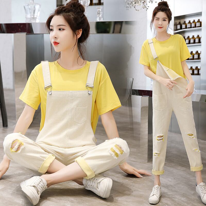 【新作】【送料無料】 マタニティウェア2020夏の新しいカジュアル年齢を減らすデニムサスペンダー9分パンツ+ Tシャツトレンディなマタニティスーツ-アリババ サマー 夏物 expec239188561748