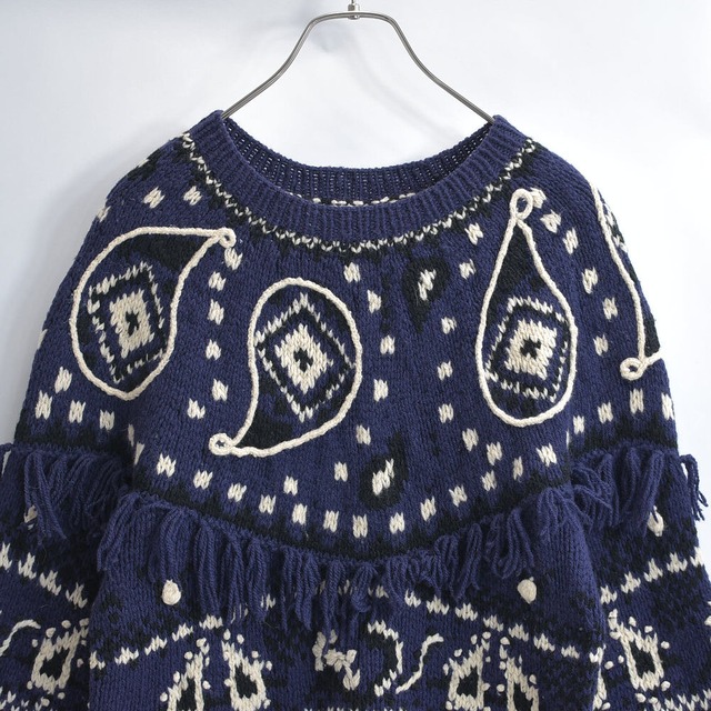 Hand Made ハンドメイド ペイズリー柄 フリンジクデザイン フレアスリーブ クルーネックニット セーター 幾何学模様 ヴィンテージ ビンテージ 古着 レディースM相当