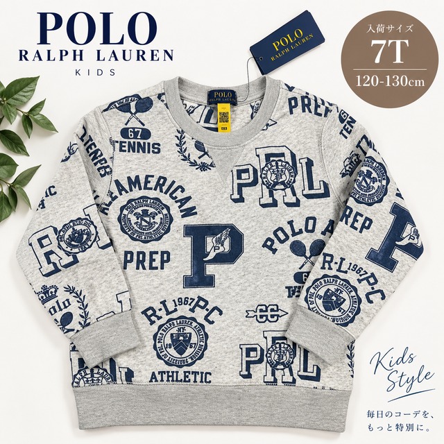 POLO RALPH LAUREN ロゴ総柄 フリース スウェット トレーナー　グレー 7T