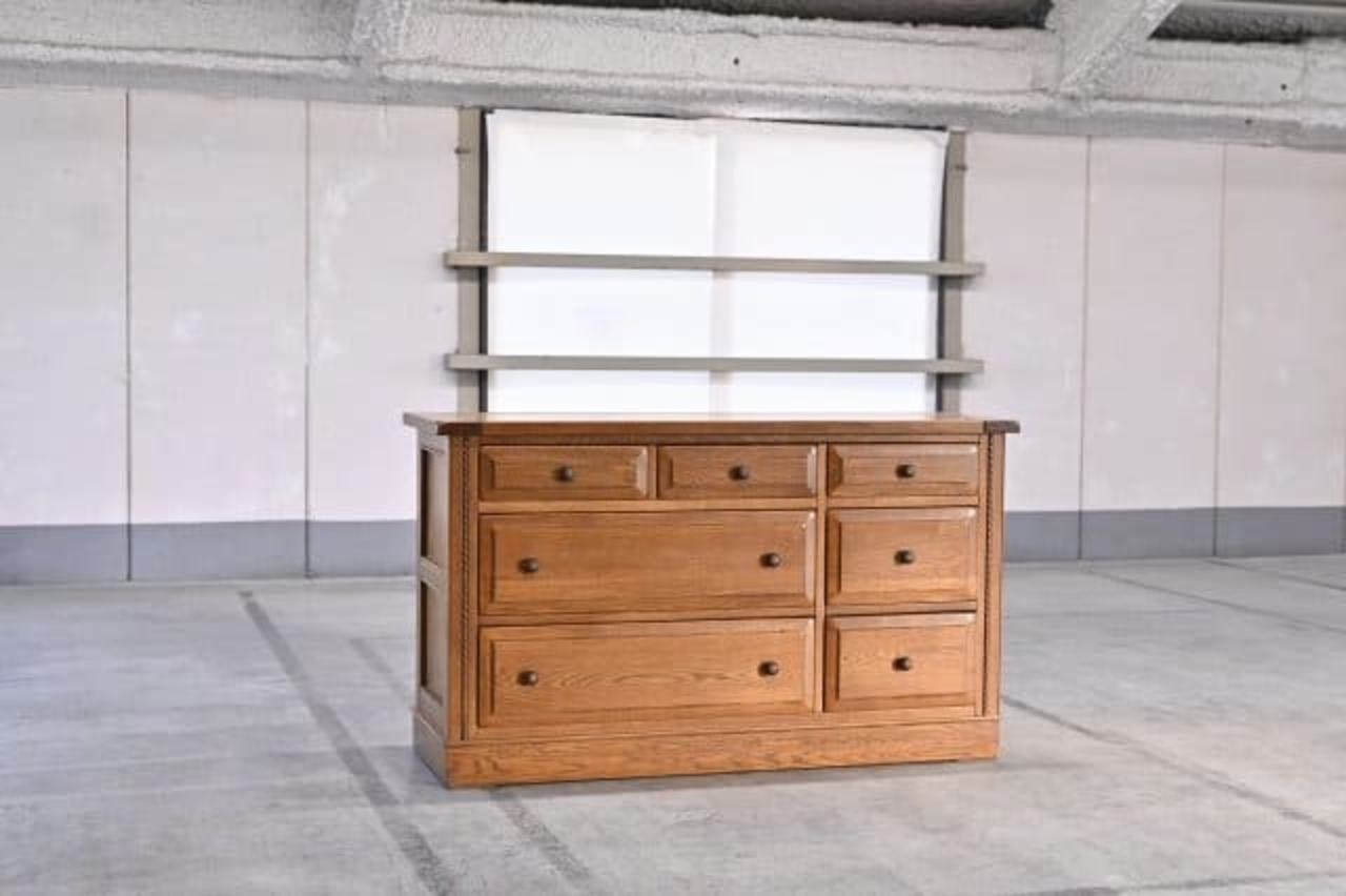 北海道 旭川 近藤工芸 Solid Furniture OAK/ソリッドファニチャーワイドチェスト オーク材 リビングボード 収納 食器棚 楢材 引き出【中古家具/中古インテリア/USED家具ユーズド家具/リサイクル】