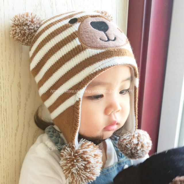 クマ　ボーダー　ニット　ボンボン　耳 韓国版 今季大人気　　帽子　子供　