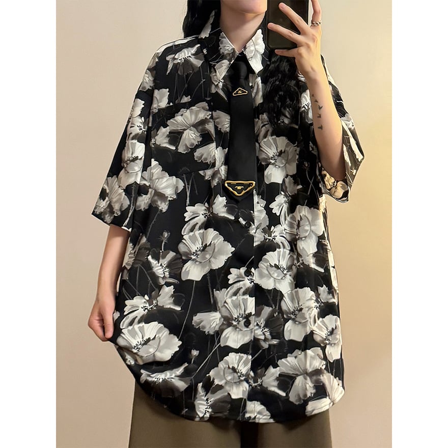 WithU ゴスロリ 地雷 アメカジ カジュアル 半袖 シャツ 花柄 水墨画風 ネクタイ付き ECOKSOLO 春夏服