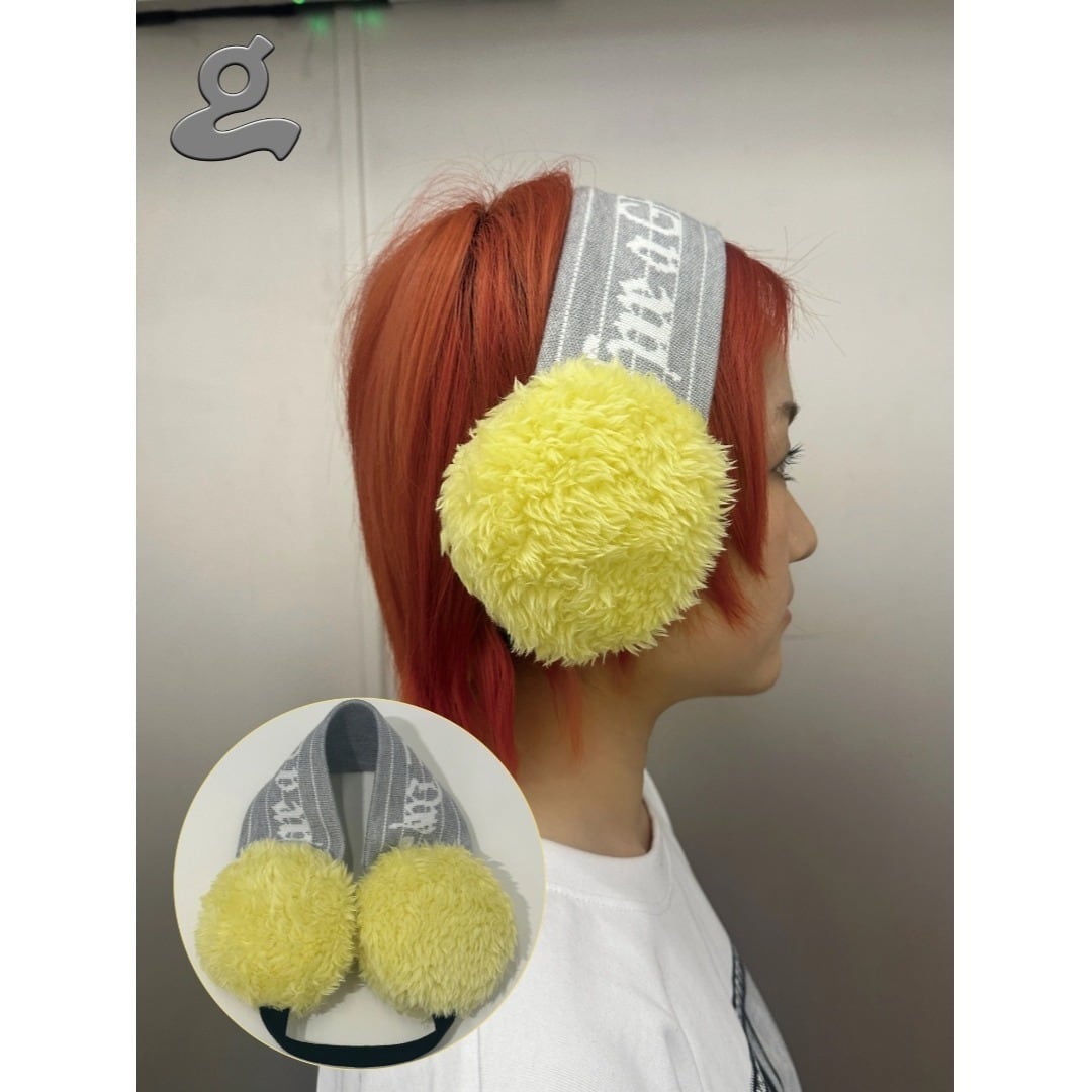 GRAPE楽譜アルファベット ニット ファー ヘアバンド イヤーマフ黄色 GRAPE ファー付き ロゴ イヤーマフ ニット Y2K | Uturi -海外ブランド