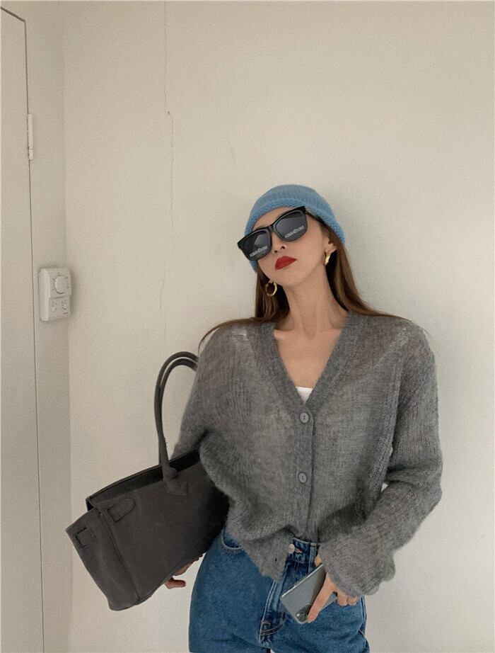 Vネック長袖グレーセータージャケットレディース2020秋新しいレトロアウターセーターカーディガンジャケット ブラックストロベリース38397329353