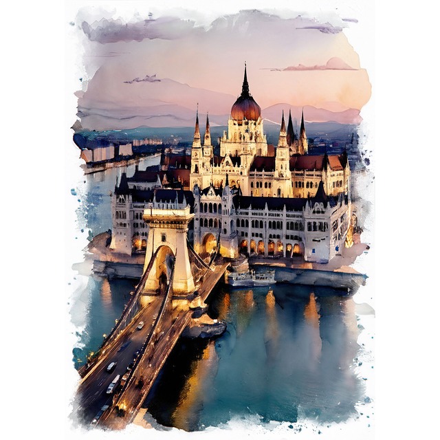 絵画 風景画(街並み)  ハンガリー ブタペスト 夜の国会議事堂 インテリアアート額付き 水彩画・油絵風 WAT1058