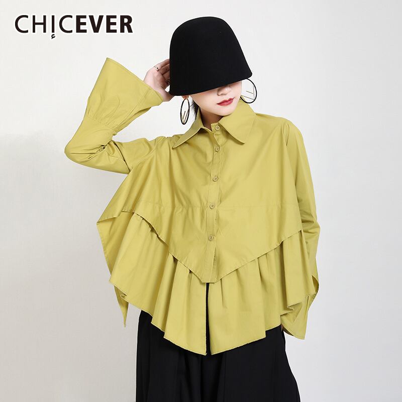 CHICEVERパッチワークフリルブラウス女性ラペル長袖気質非対称裾ブラウスタイド2020スタイル ロング ラッフル 6base587078277569