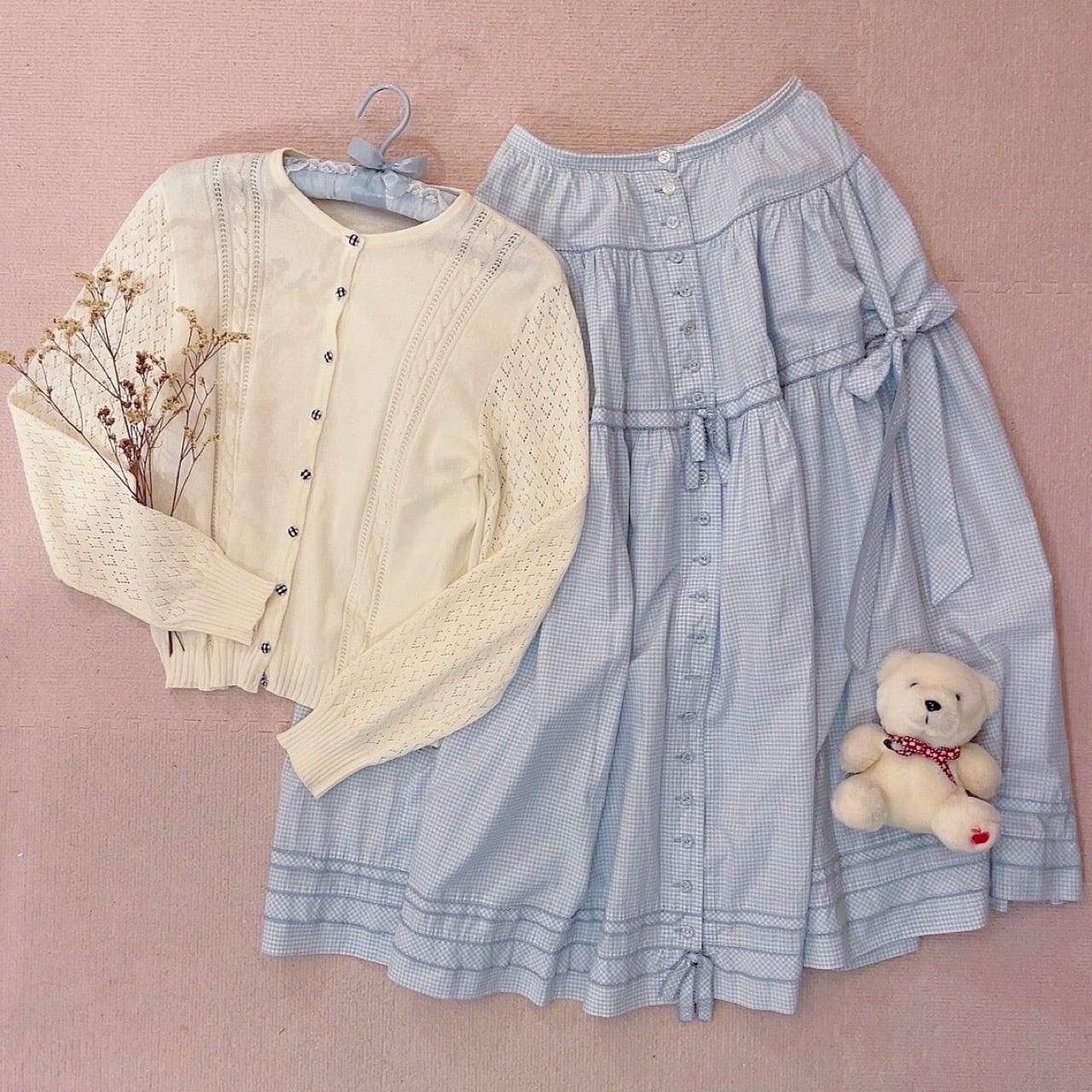 blue gingham check button cardigan