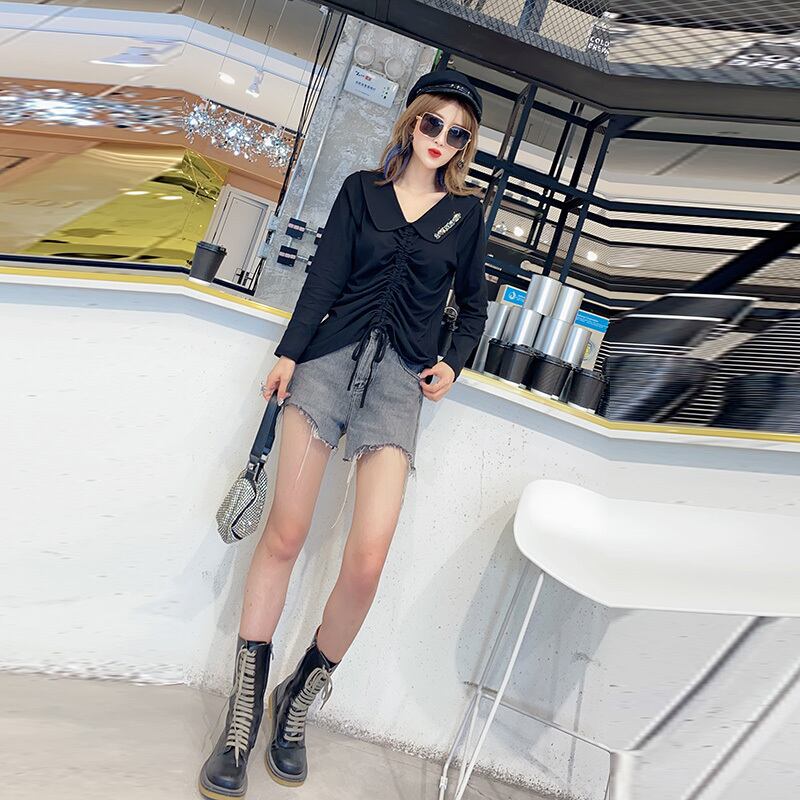 プラスサイズ長袖レディースファットmmウエスタンスタイル秋の服2020新しいルーズドローストリングデザインラペルトップTシャツ ミックスインファッション5613423761