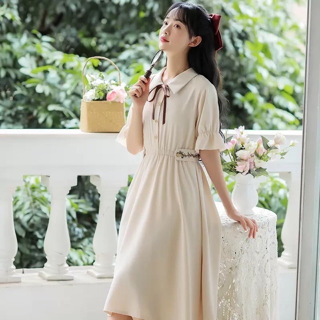 ワンピース レディース パフスリーブ シフォン生地 刺繍 リボン レトロ クラシカル デートワンピ お嬢様ワンピ 夢かわ セットアップやパンツドレスなど二次会ドレスに合う海外ファッションサイト Urubei