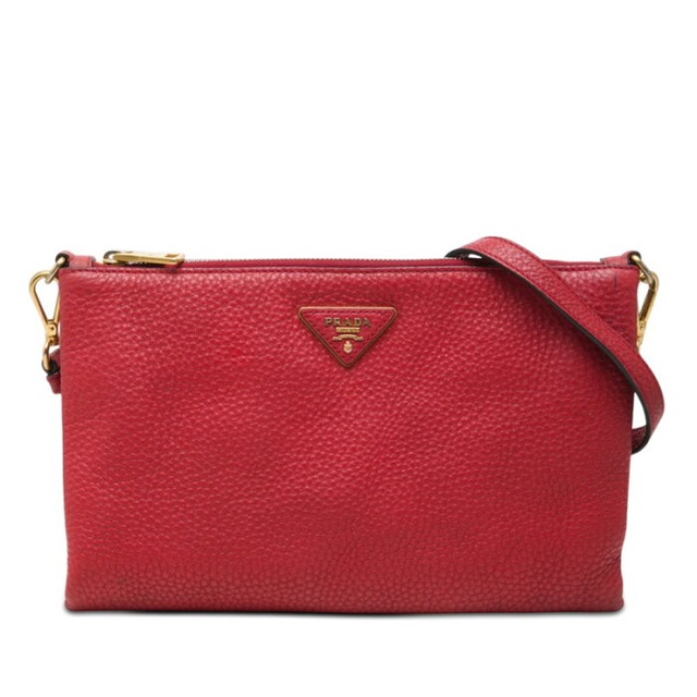 プラダ 三角ロゴプレート ショルダーバッグ クラッチバッグ レッド レザー レディース PRADA 【中古】