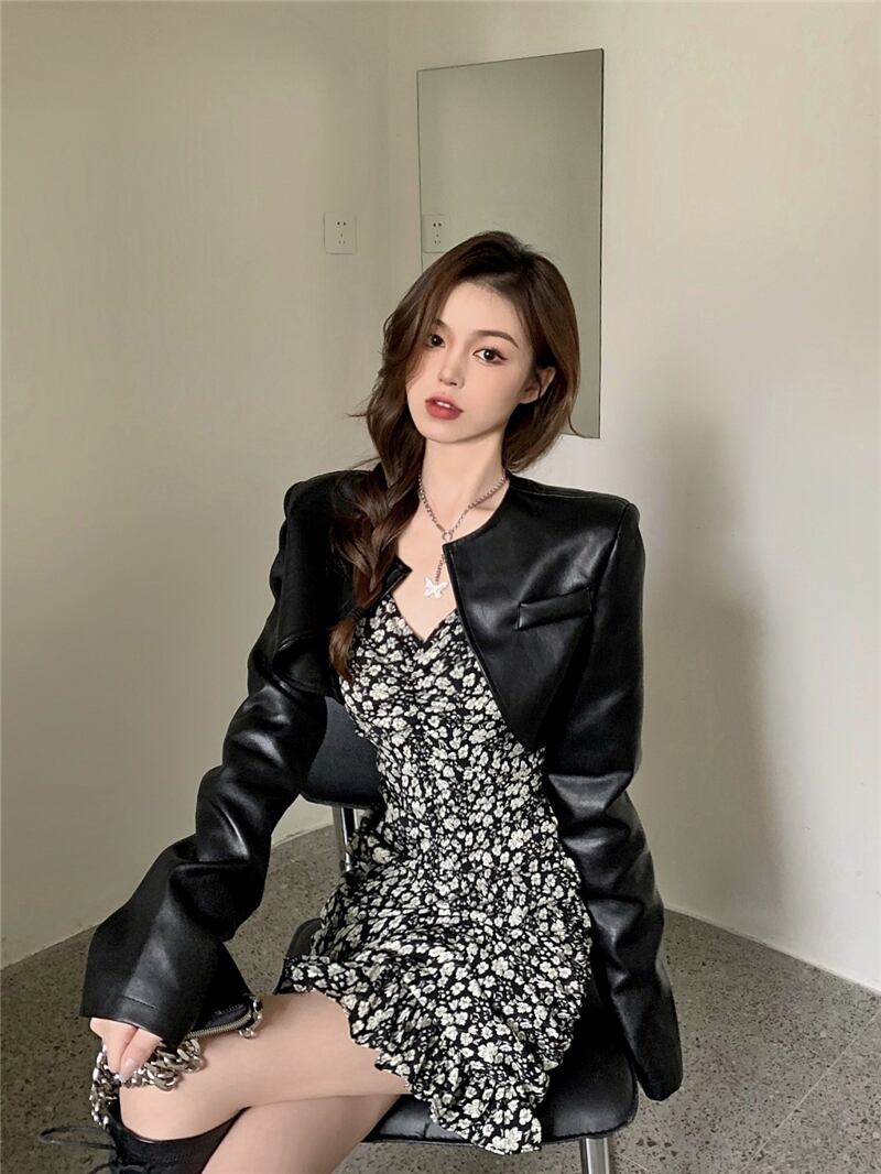 レザージャケット ショートレディースオータムウィンターブラックスリムスタンダードスタイル レトロ ストリート 秋物 冬物 ブラックストロベリース3807178647