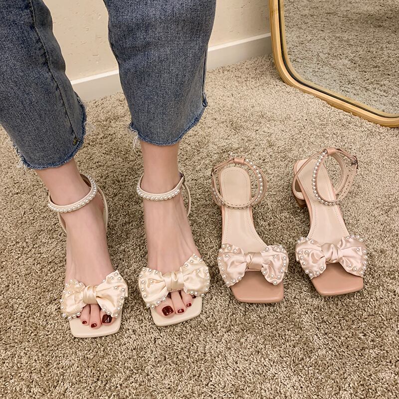 スタイルサンダルサマーレッドパールリボン 靴 シューズ 夏物 真珠 部族の婦人靴18129296436
