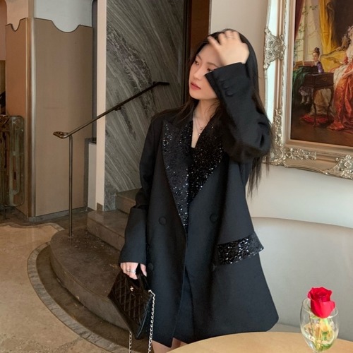 【予約販売】ジャケット オーバーサイズ レディース スパンコール ブラック 黒 キラキラ こなれ感 大人可愛い ドレスアップ 結婚式  おしゃれ 韓国 トレンド S/M/L