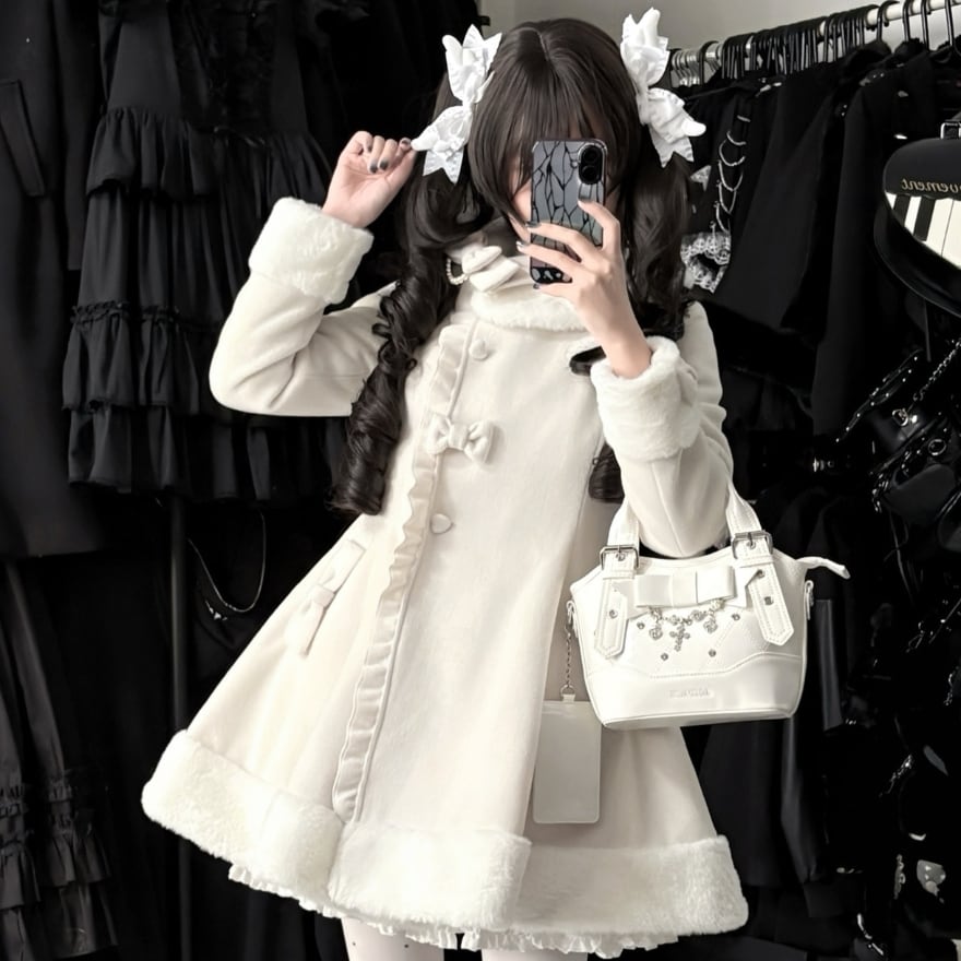 地雷系・量産型・ロリータ対応 フレアファーコート|Aライン冬アウター(ブラック/ホワイト)リボン付き|可愛い量産型女子