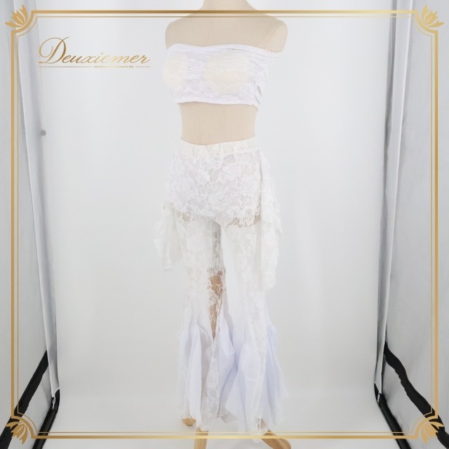 ベリーダンス 衣装 レッスンウェア 練習着 上下セット トップス フレアパンツ レディース ホワイト系 白 フリル 花柄 レース 発表会 イベント スポーツウェア ダンス衣装 フラワー レースアップ セットアップ 袖なし