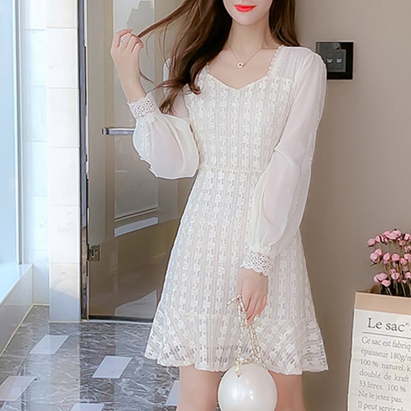 ワンピース 白 長袖 カジュアル スクエアネック シフォン Aライン 切り替え ホワイト ブラック S M L Ll 3l Dresszone