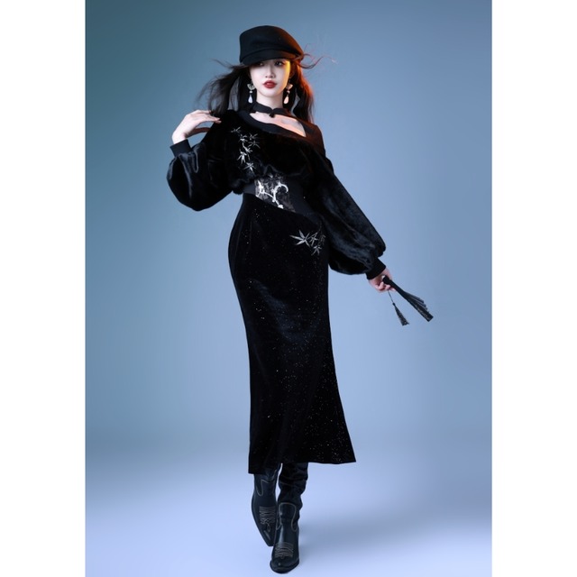 大人向け ゴスロリ中華調ベロアワンピース 修身ロングシルエット・上品ブラック【予約】