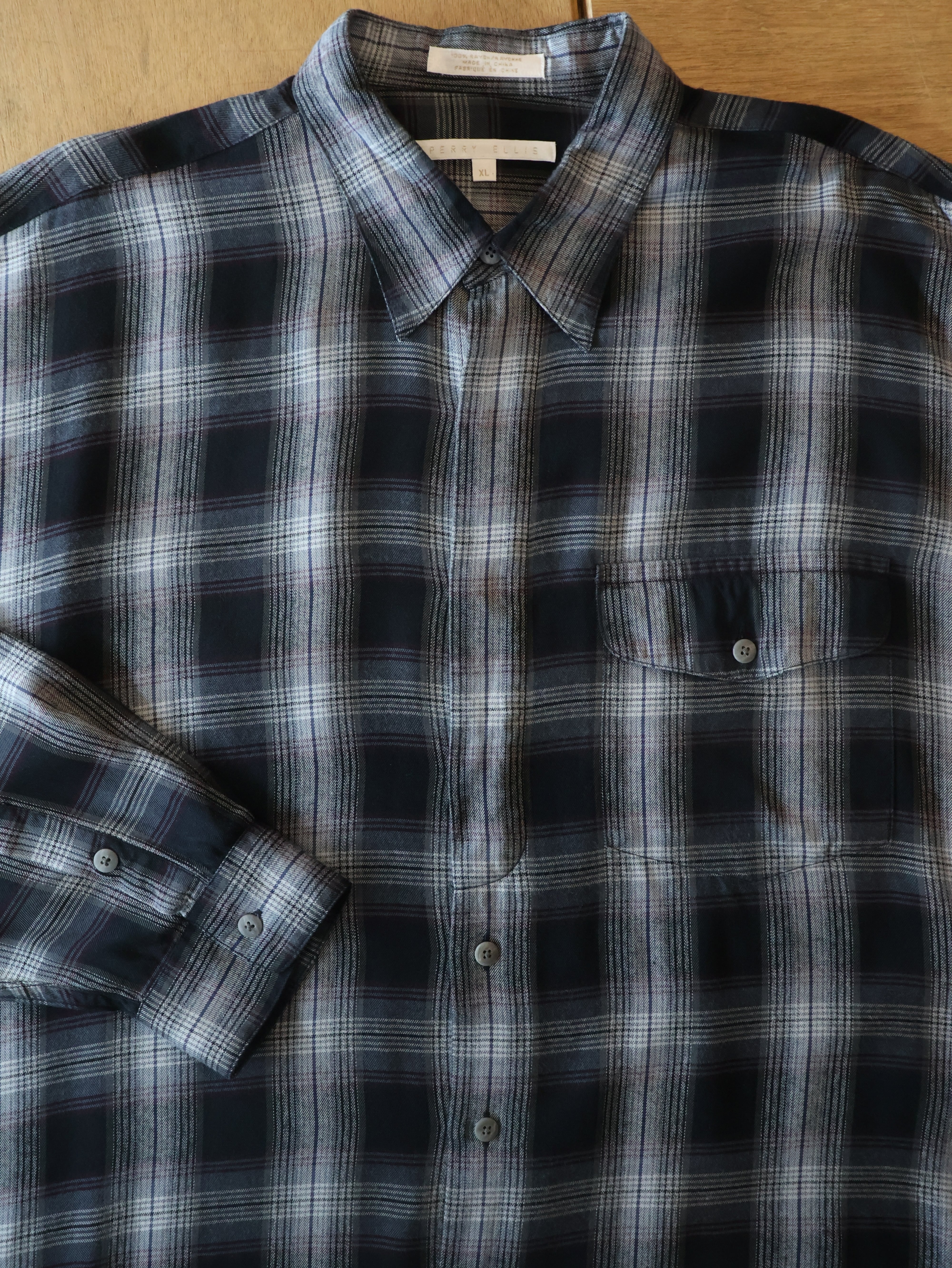 perry ellis オンブレチェック レーヨンシャツ XL 90s PERRY ELLIS オンブレチェック レーヨンシャツ 表記XL 黒ベース