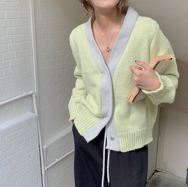 配色カラー Vネック ニット カーディガン トップス グリーン レディースファッション Choice 31 レディースファッション通販