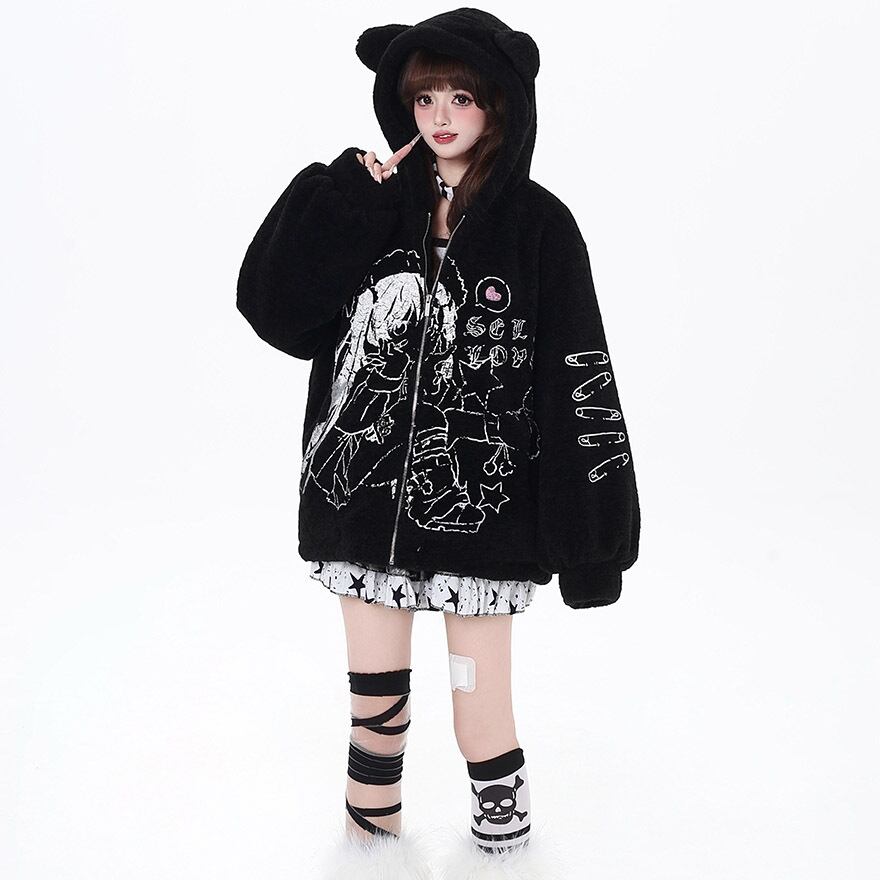 00s ダークコア 猫耳ファージャケット 骸骨 ゴスロリ グランジ y2k ゴスロリ通販 With U 地雷系 CRAZYGIRLシリーズ ジャケット ネコ