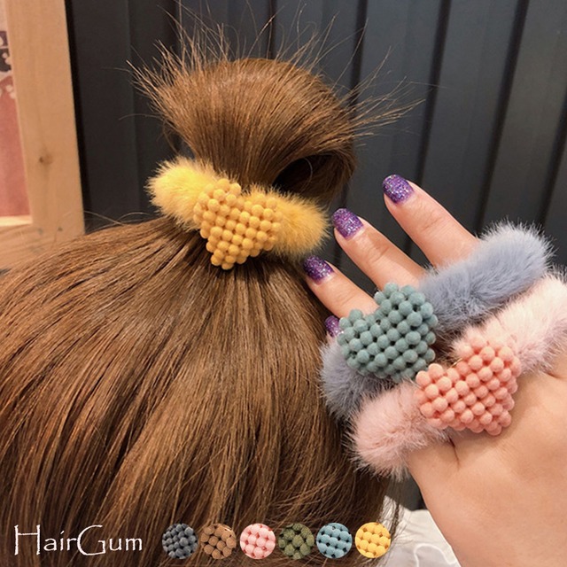 【日本倉庫即納】 配色ヘアゴム 6色 子供 モコモコヘアゴム シュシュ リングゴム 女の子