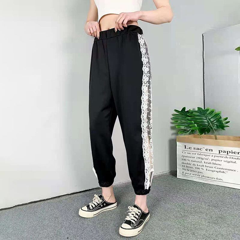 サマースリムカジュアルパンツ サイドレースメッシュレギンス 大きめサイズ 夏物 ステッチ ミックスインファッション84333660871