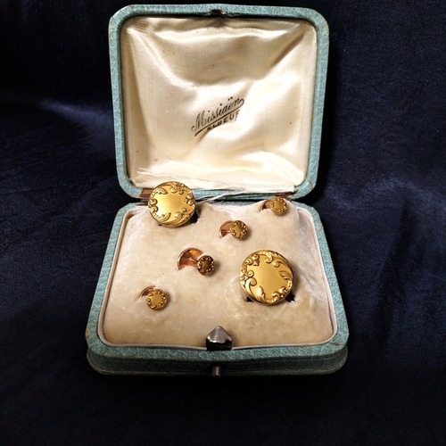 French Art Nouveau Gold Cufflinks and Studs Set