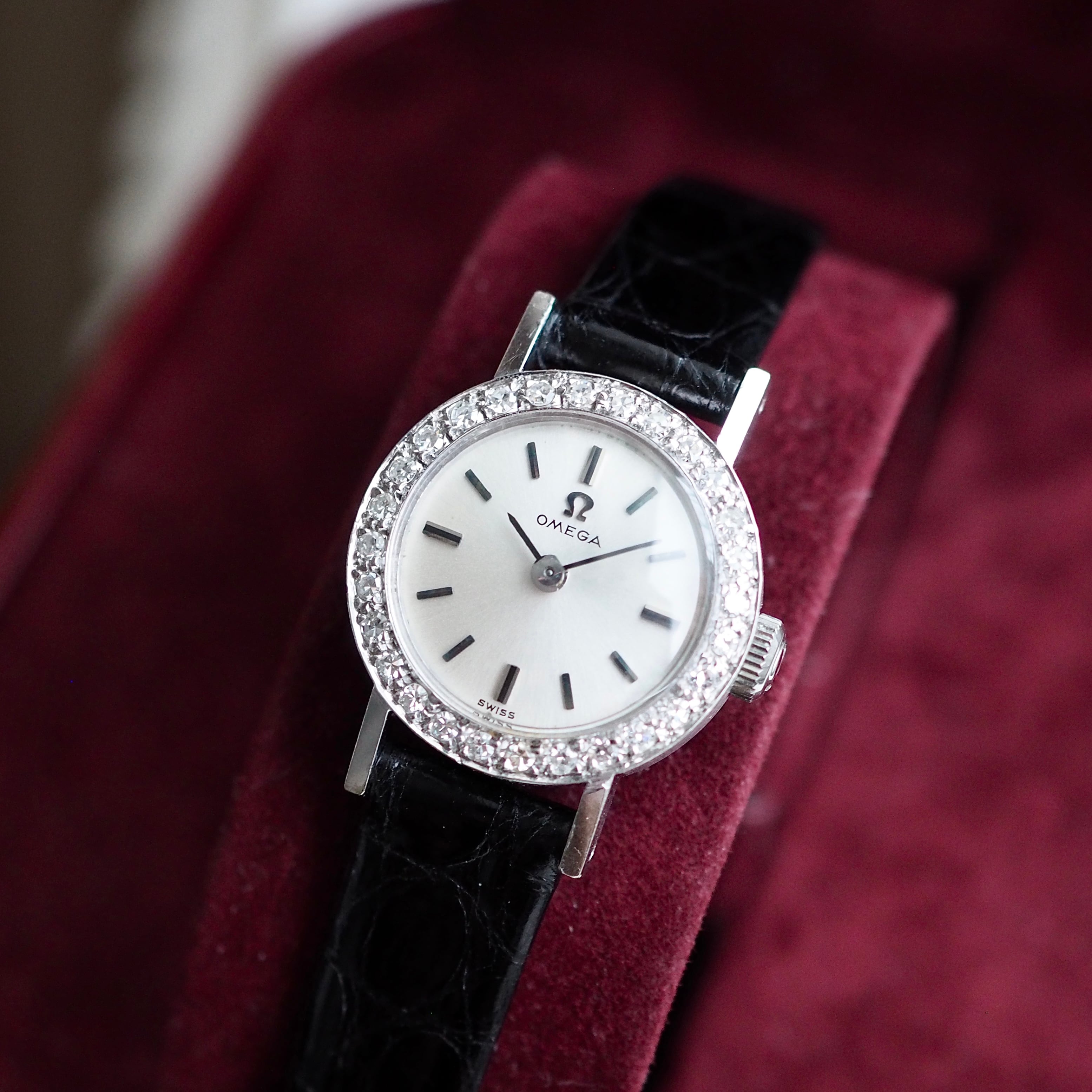OH済 OMEGA アンティークK14 ダイヤモンドブレ腕時計 