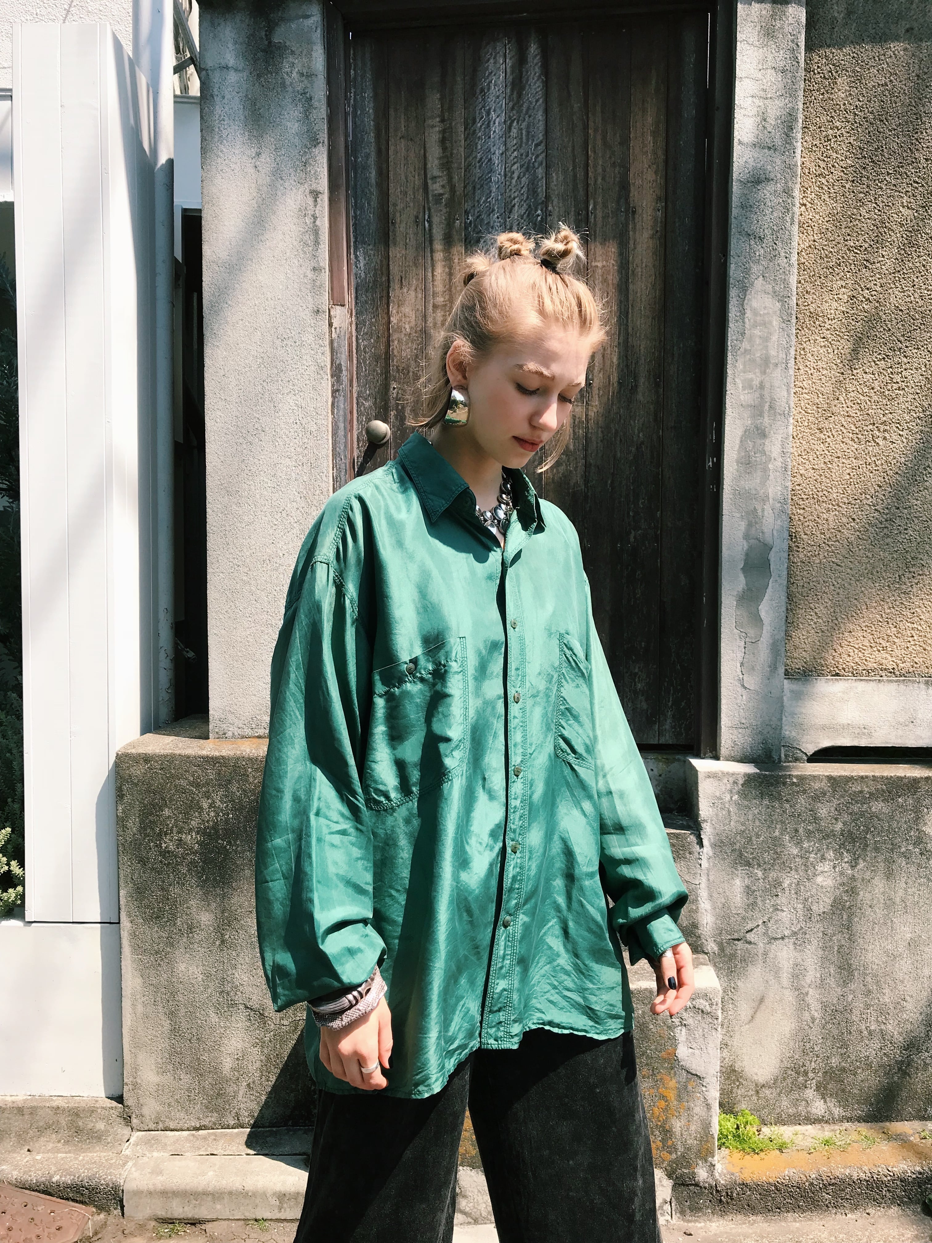 80s green big silk shirt ( ヴィンテージ グリーン ビッグ シルク