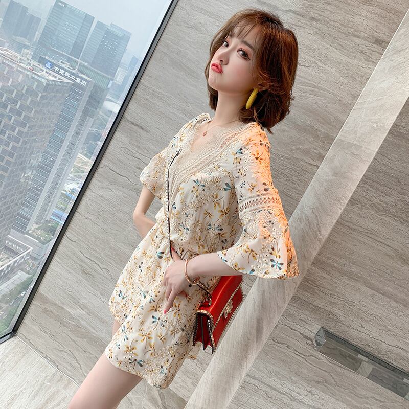 レースVネックウェストスリーブフローラルワンピースショーツ レディースサマー 夏物 ブルマー 花柄 MIUCO18572210114