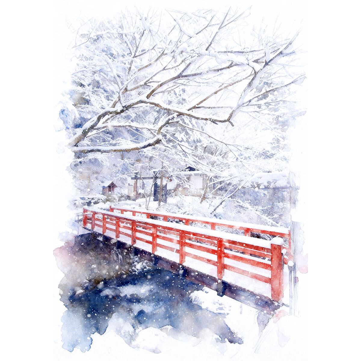 絵画 日本 風景画(街並み) 京都 鞍馬寺の雪景色 インテリアアート額