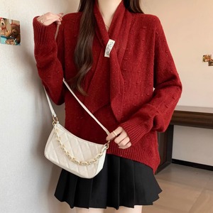 【2点セット】Vネックエンボスニットプルオーバー＋ショートマフラー ・74168